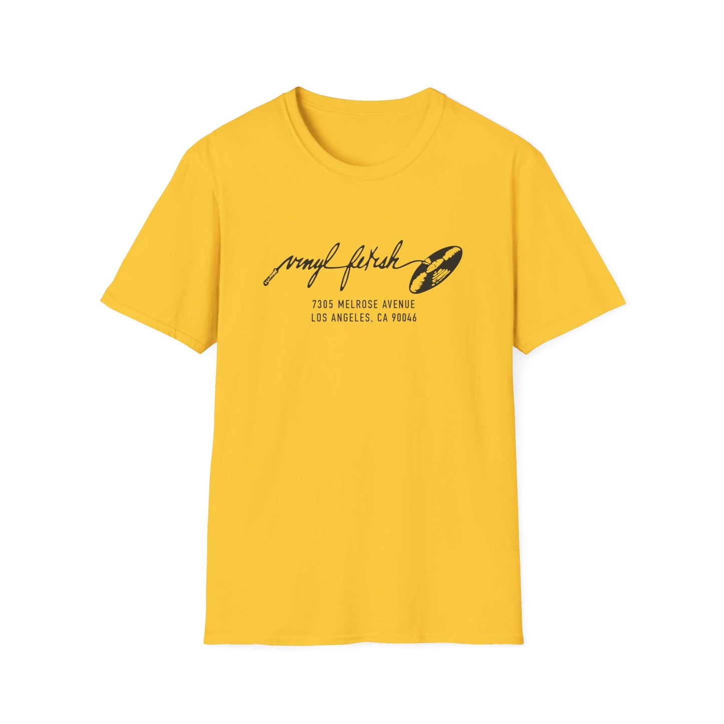 Yellow t-shirt with black script logo, record graphic, and Los Angeles address.
