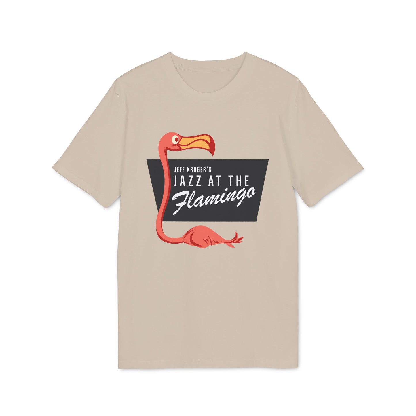 Tan t-shirt with a red flamingo and "Jazz at the Flamingo" text.