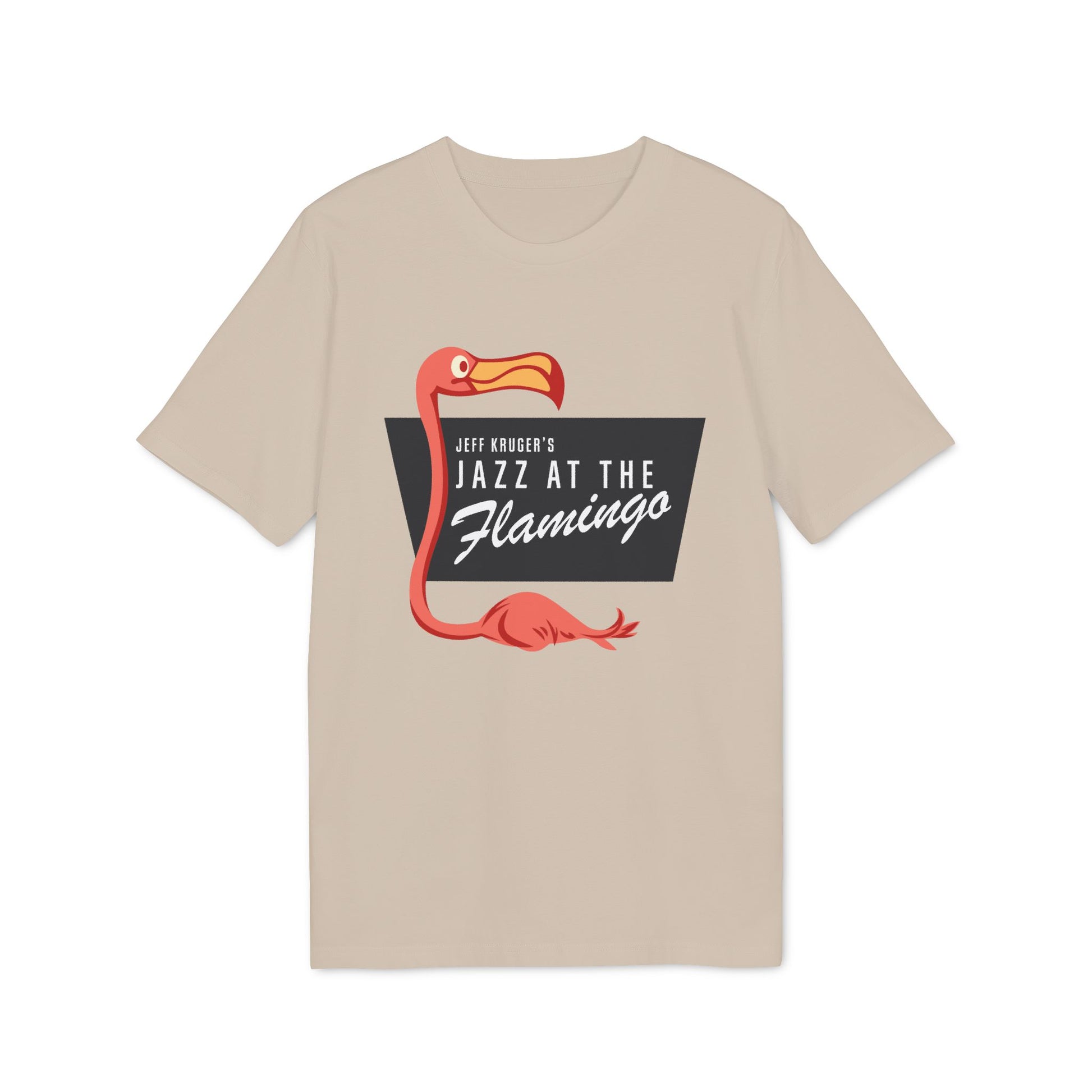 Tan t-shirt with a red flamingo and "Jazz at the Flamingo" text.