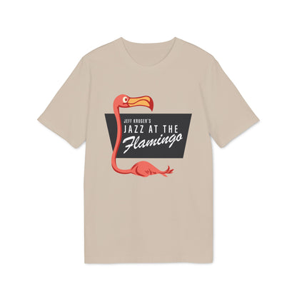 Tan t-shirt with a red flamingo and "Jazz at the Flamingo" text.