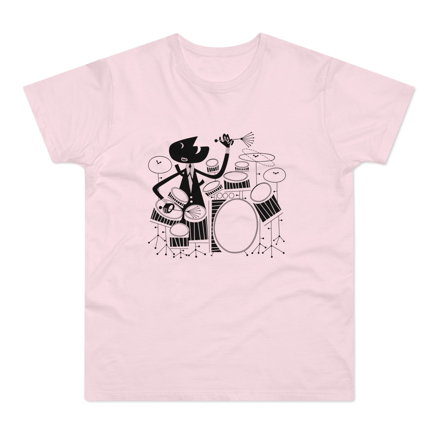 Black line drawing of a cat playing drums on a pink t-shirt.