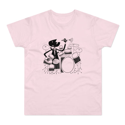 Black line drawing of a cat playing drums on a pink t-shirt.
