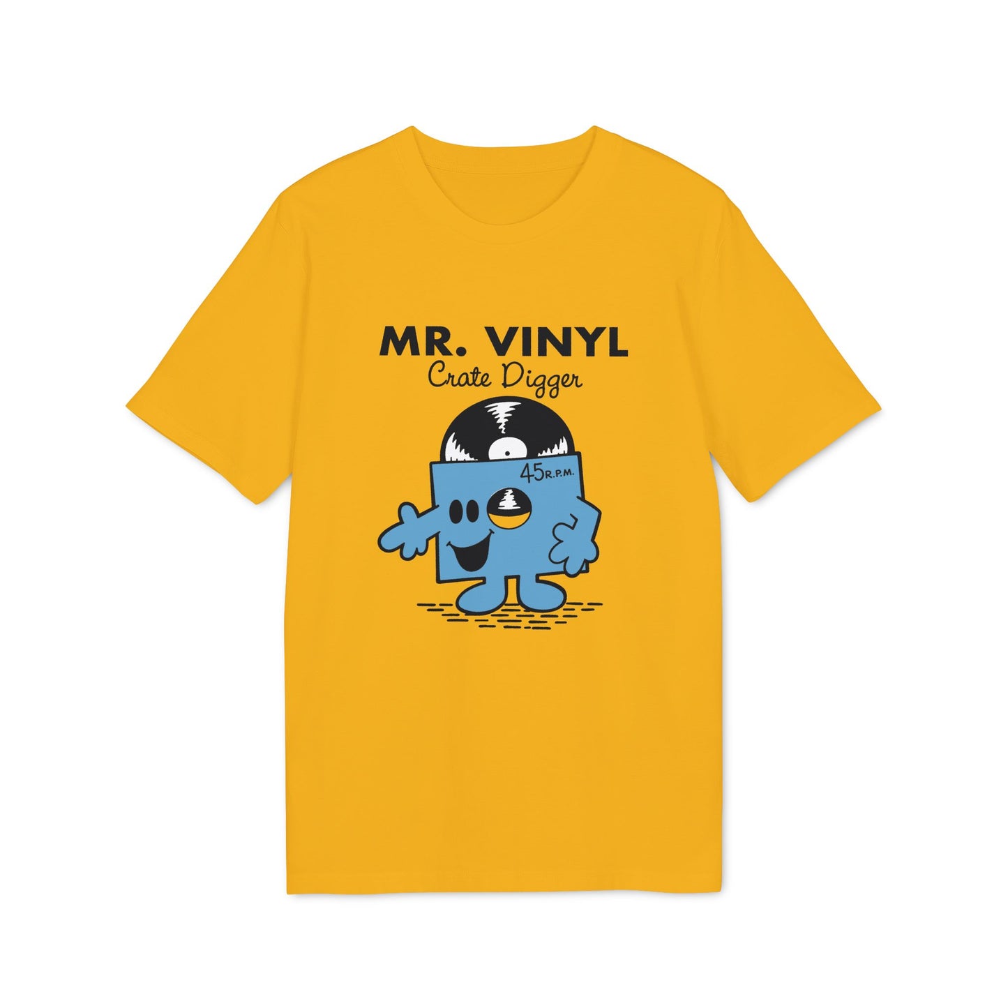 Yellow t-shirt with "MR. VINYL Crate Digger" and a blue vinyl record character.
