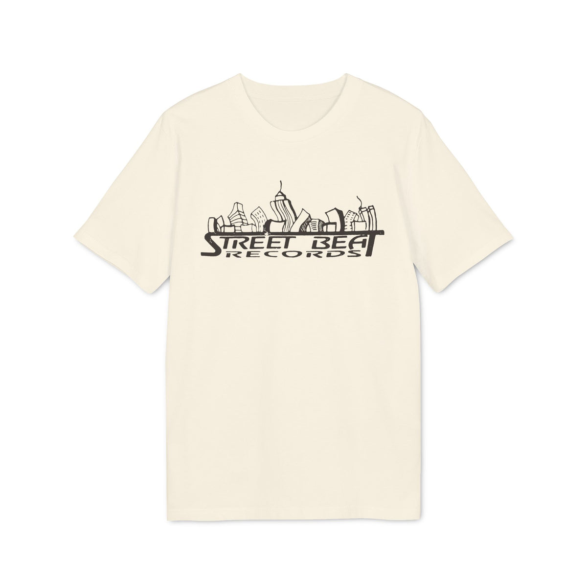 Off-white short-sleeved t-shirt with a black sketched city skyline graphic and Street Beat Records text on the chest.