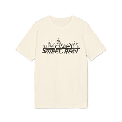 Off-white short-sleeved t-shirt with a black sketched city skyline graphic and Street Beat Records text on the chest.