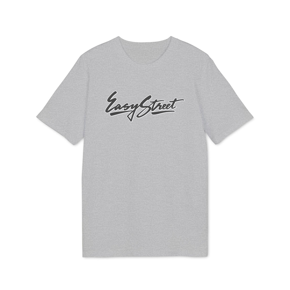 Heather gray short-sleeve t-shirt with black cursive Easy Street text on the chest.