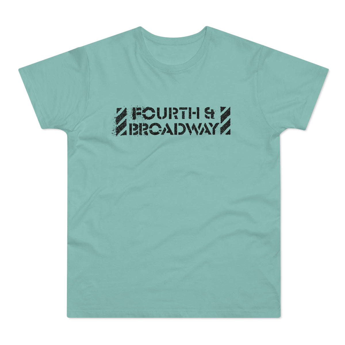 Teal t-shirt with black distressed "FOURTH & BROADWAY" text design.