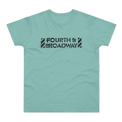 Teal t-shirt with black distressed "FOURTH & BROADWAY" text design.