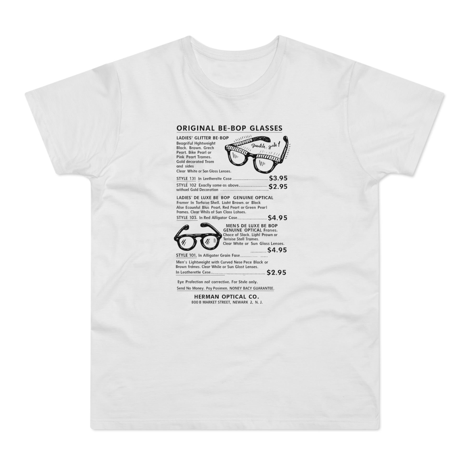 T-shirt with text about Original Be-Bop Glasses for men and women.