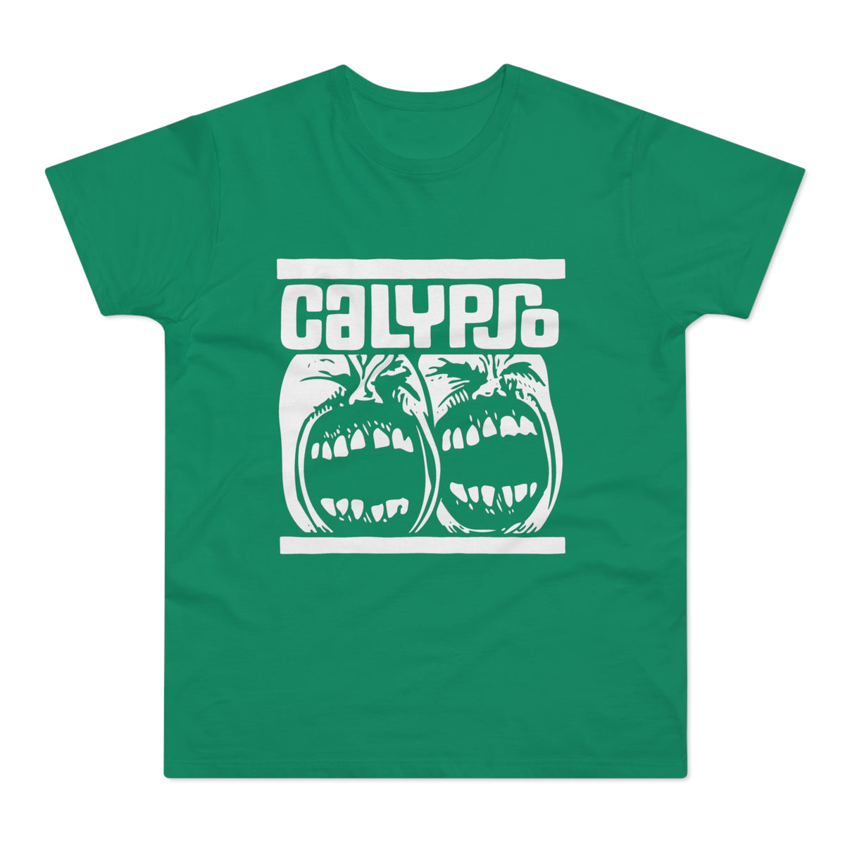 Green t-shirt with white "CALYPSO" text and two screaming faces graphic.