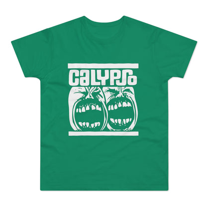 Green t-shirt with white "CALYPSO" text and two screaming faces graphic.