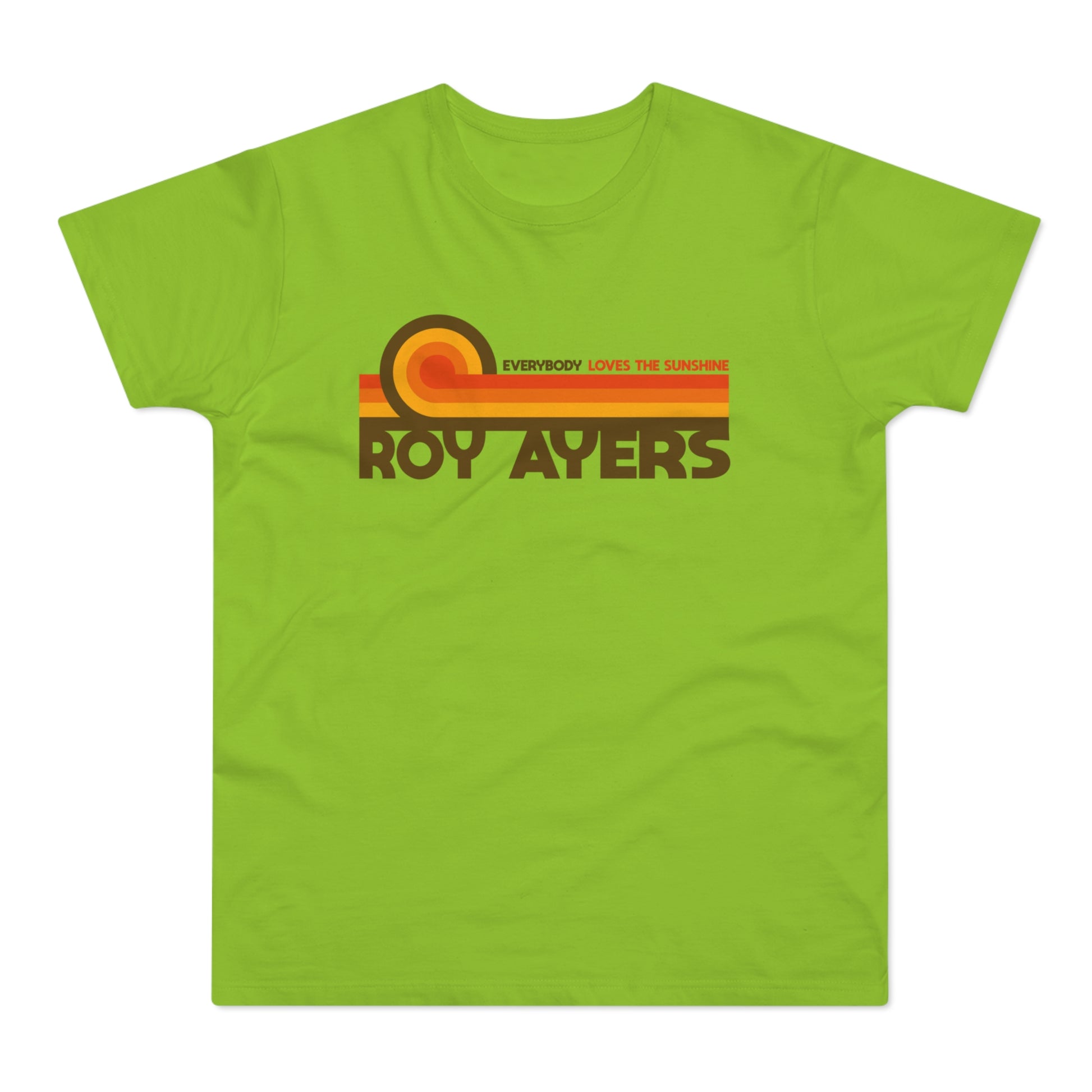 Lime green t-shirt with "Roy Ayers" and "Everybody Loves the Sunshine" text.