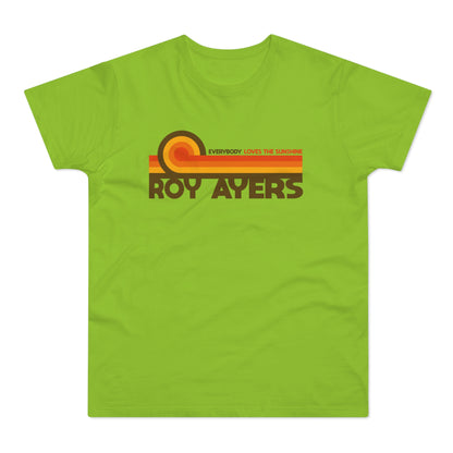 Lime green t-shirt with "Roy Ayers" and "Everybody Loves the Sunshine" text.