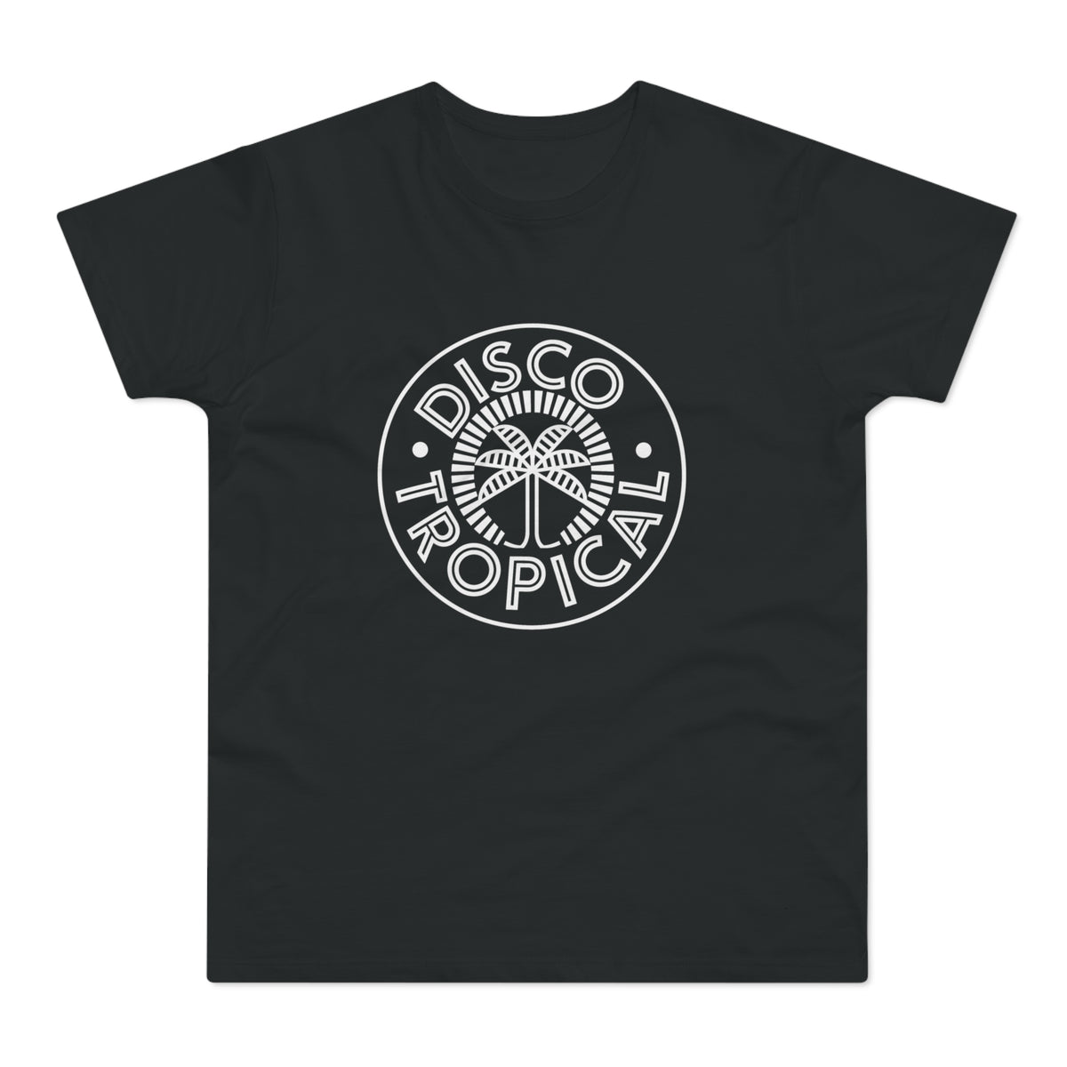 Black t-shirt with white "Disco Tropical" text and palm tree logo.
