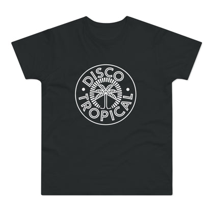 Black t-shirt with white "Disco Tropical" text and palm tree logo.