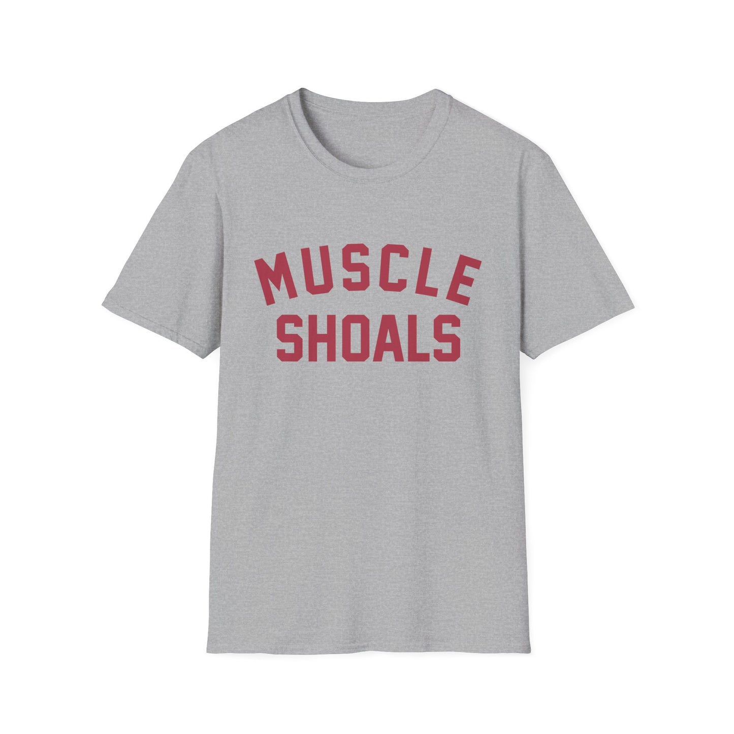 Grey t-shirt with "MUSCLE SHOALS" printed in maroon letters.