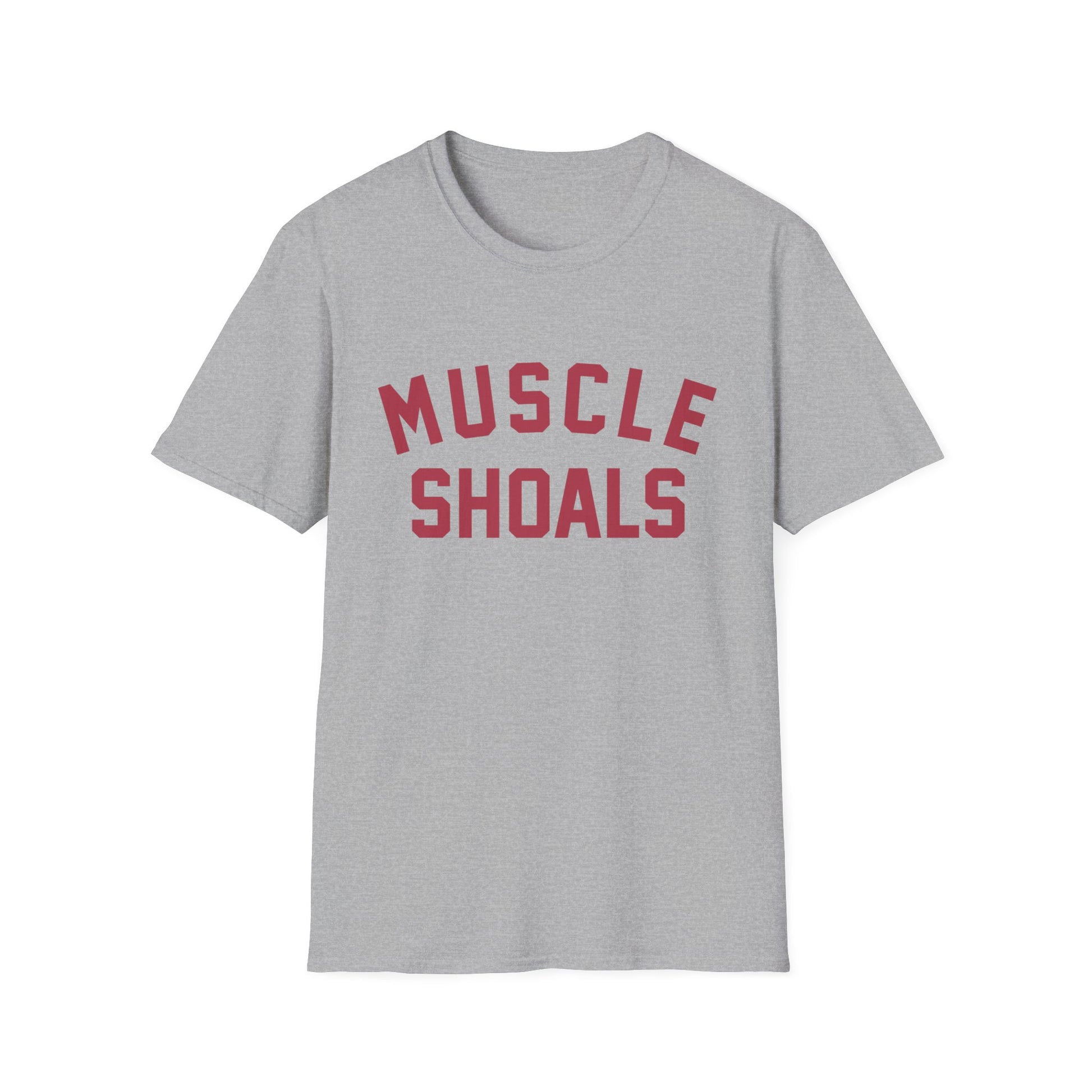Grey t-shirt with "MUSCLE SHOALS" printed in maroon letters.