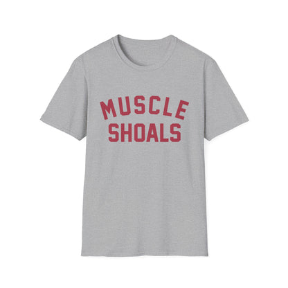 Grey t-shirt with "MUSCLE SHOALS" printed in maroon letters.