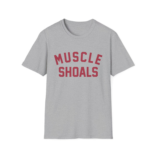 Grey t-shirt with "MUSCLE SHOALS" printed in maroon letters.