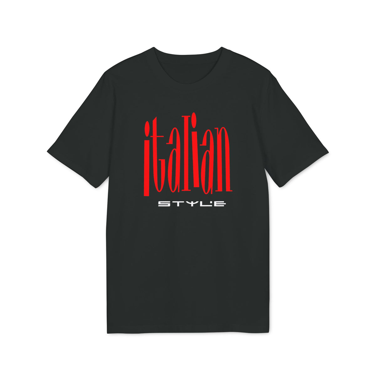 A black t-shirt featuring the red text "italian" and white text "STYLE" centered on the chest.
