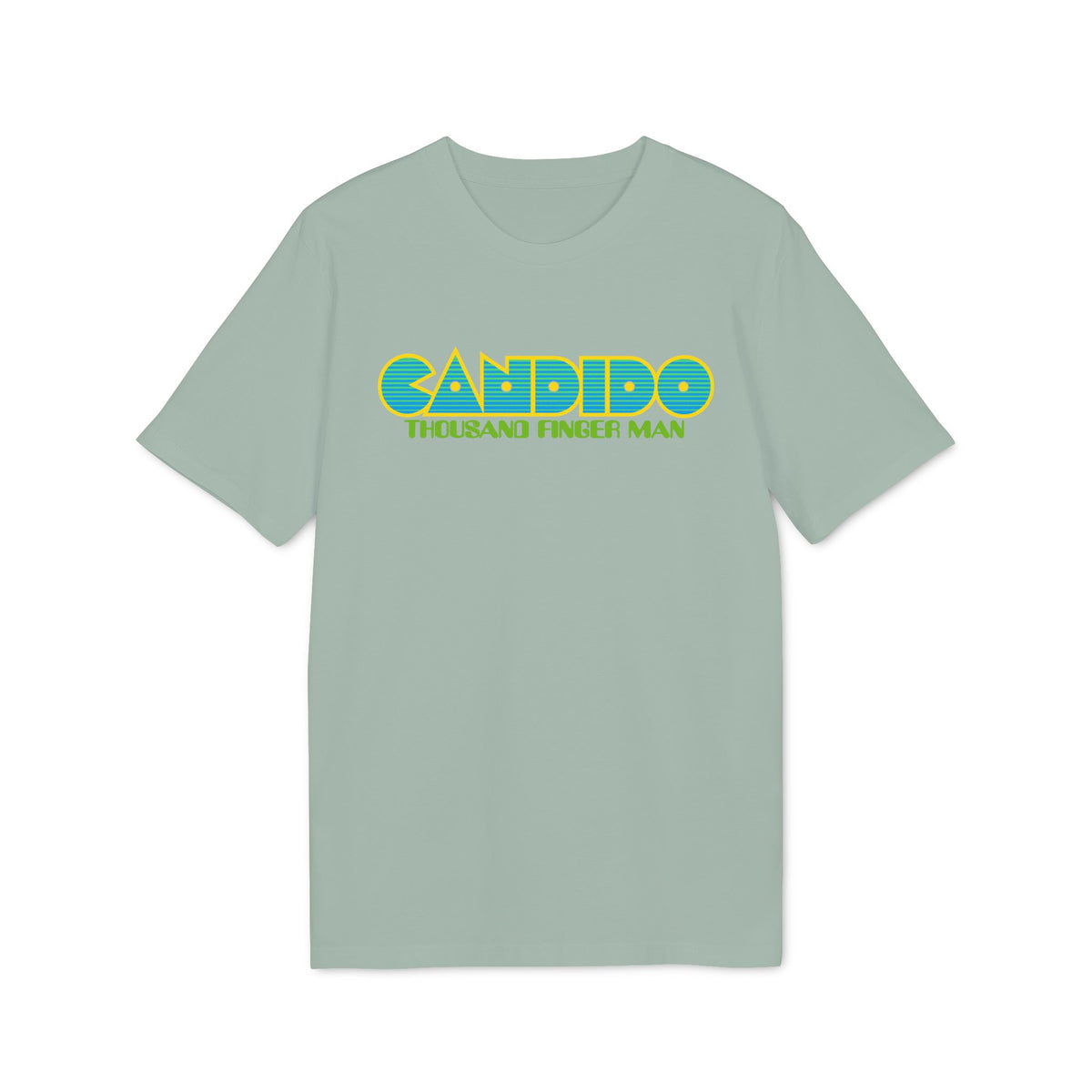 Sage green short-sleeve t-shirt with stylized yellow and blue text reading CANDIDO THOUSAND FINGER MAN centered on the chest.