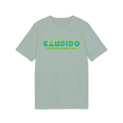 Sage green short-sleeve t-shirt with stylized yellow and blue text reading CANDIDO THOUSAND FINGER MAN centered on the chest.