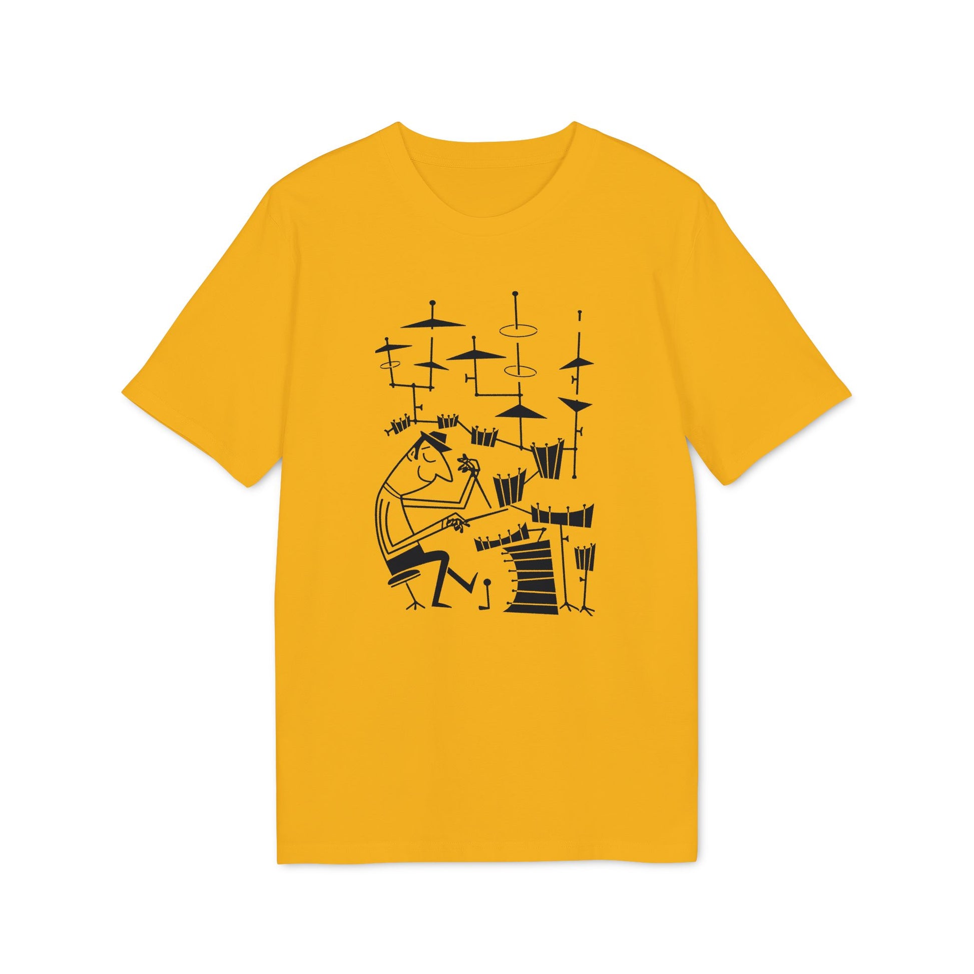 Yellow t-shirt with a black line drawing of a drummer playing a drum set.