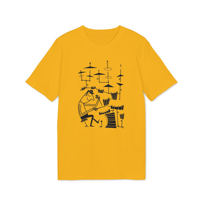 Yellow t-shirt with a black line drawing of a drummer playing a drum set.