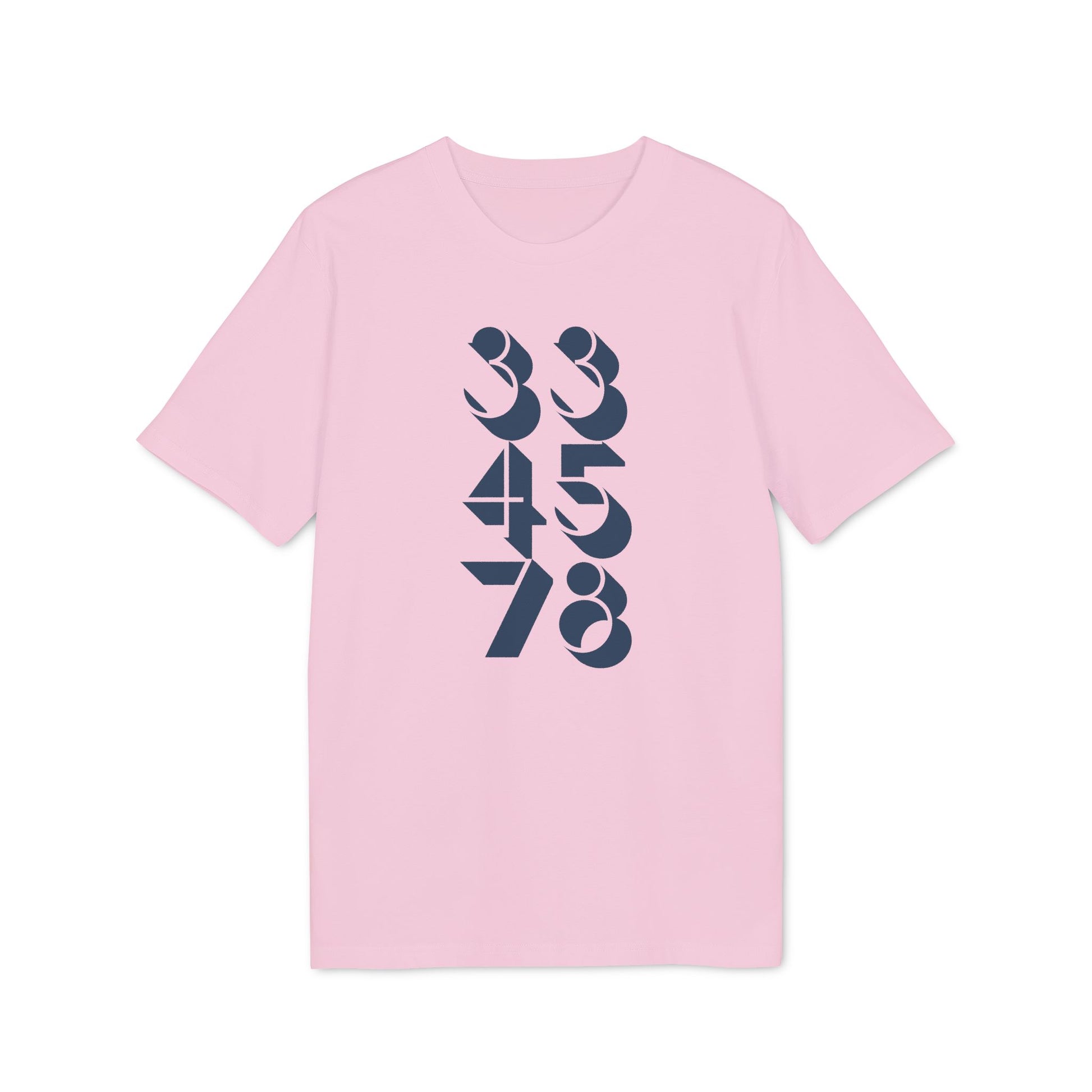 Pink t-shirt with navy blue numbers 334578 graphic on front.