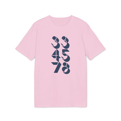 Pink t-shirt with navy blue numbers 334578 graphic on front.