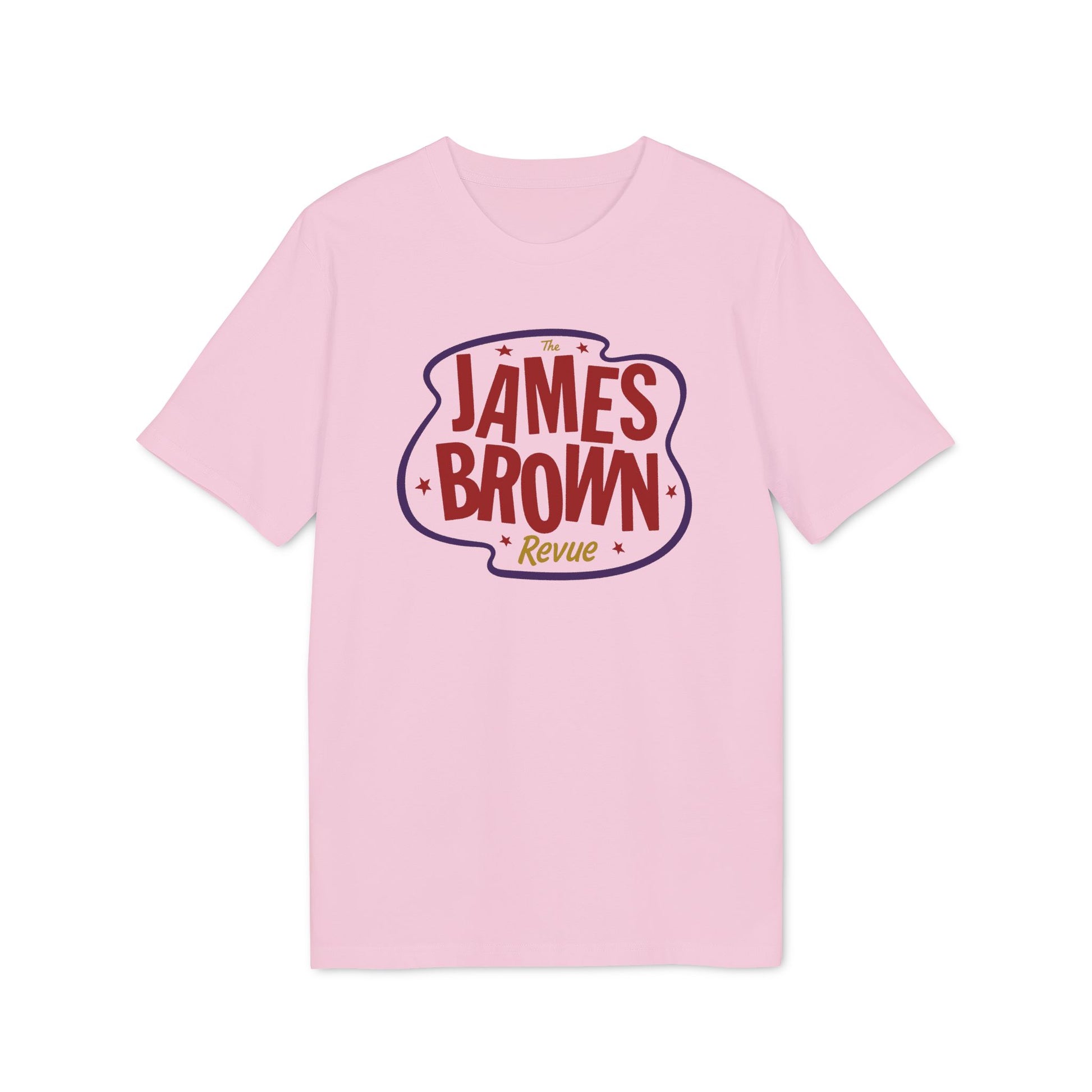 Pink t-shirt with "The James Brown Revue" graphic in curved text.