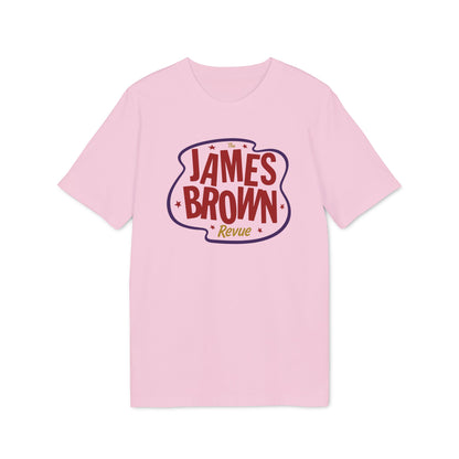 Pink t-shirt with "The James Brown Revue" graphic in curved text.