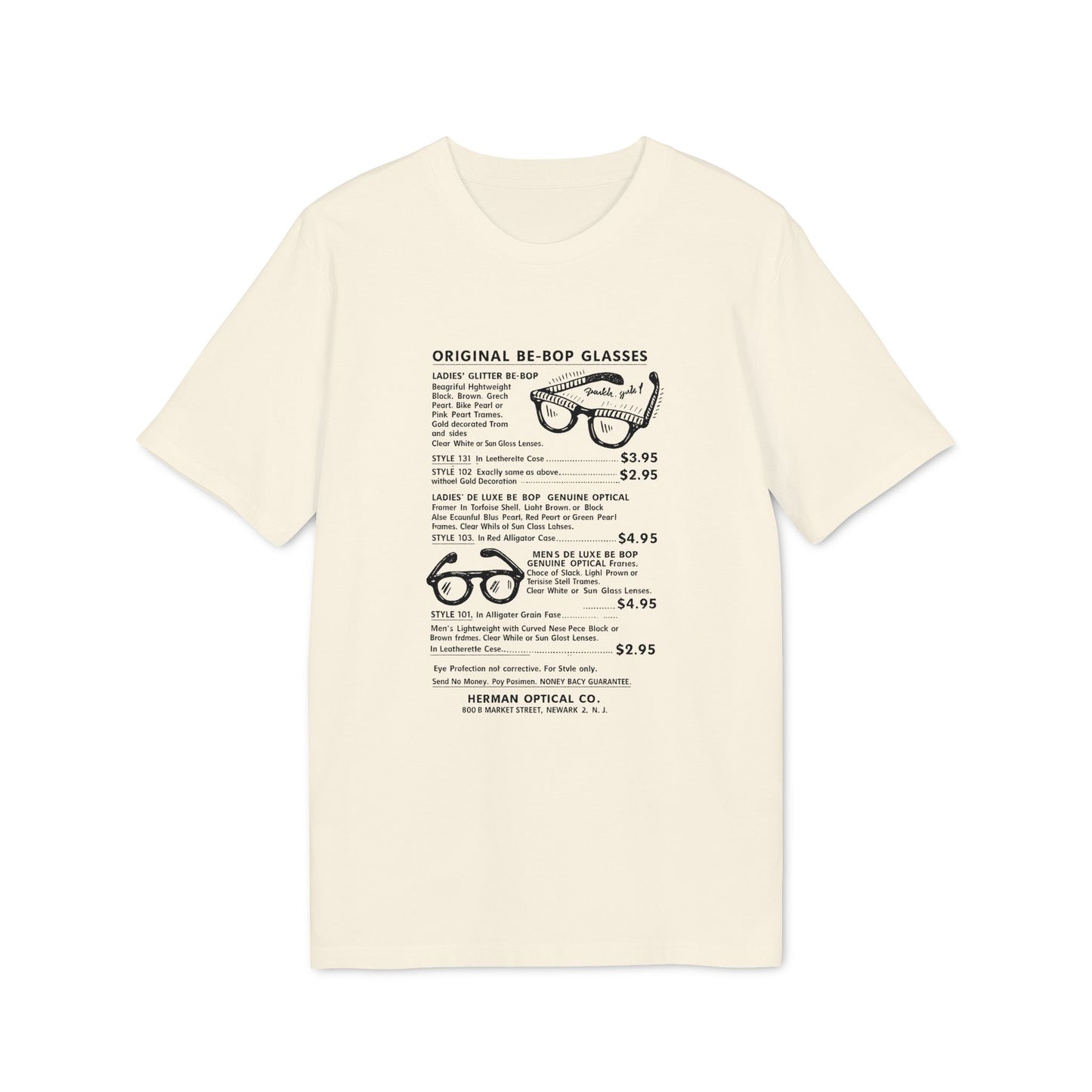 Old-fashioned t-shirt with sunglasses catalog text and illustrations.