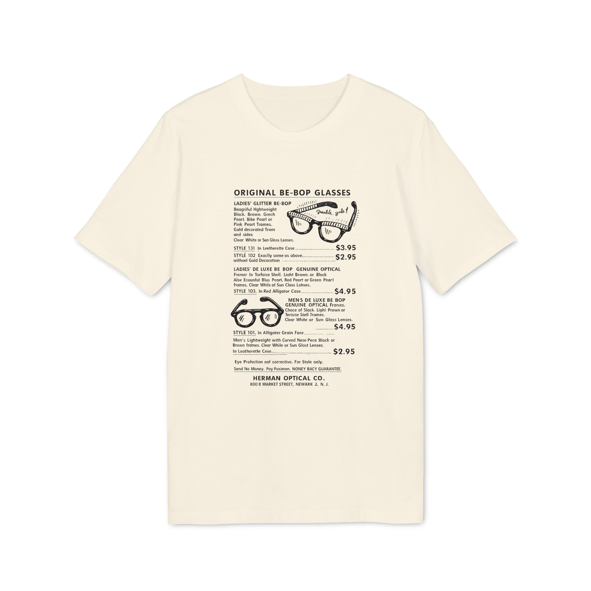 Old-fashioned t-shirt with sunglasses catalog text and illustrations.