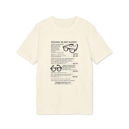 Old-fashioned t-shirt with sunglasses catalog text and illustrations.