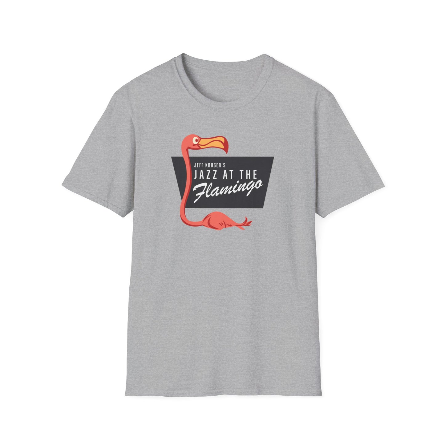 Grey t-shirt with a cartoon flamingo and text "Jeff Kruger's Jazz at The Flamingo".