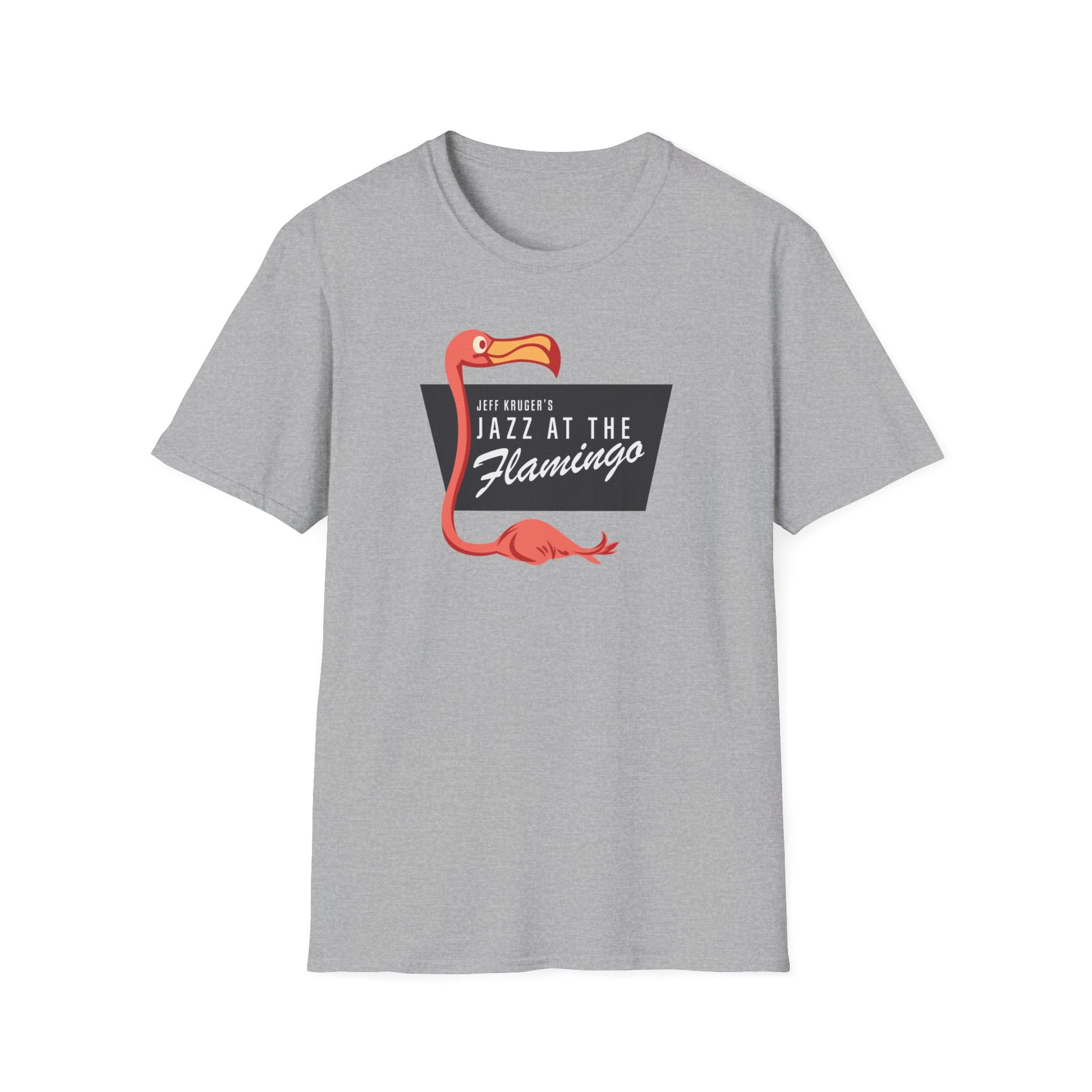 Grey t-shirt with a cartoon flamingo and text "Jeff Kruger's Jazz at The Flamingo".