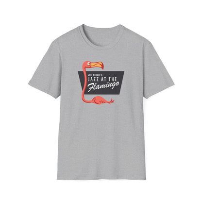 Grey t-shirt with a cartoon flamingo and text "Jeff Kruger's Jazz at The Flamingo".