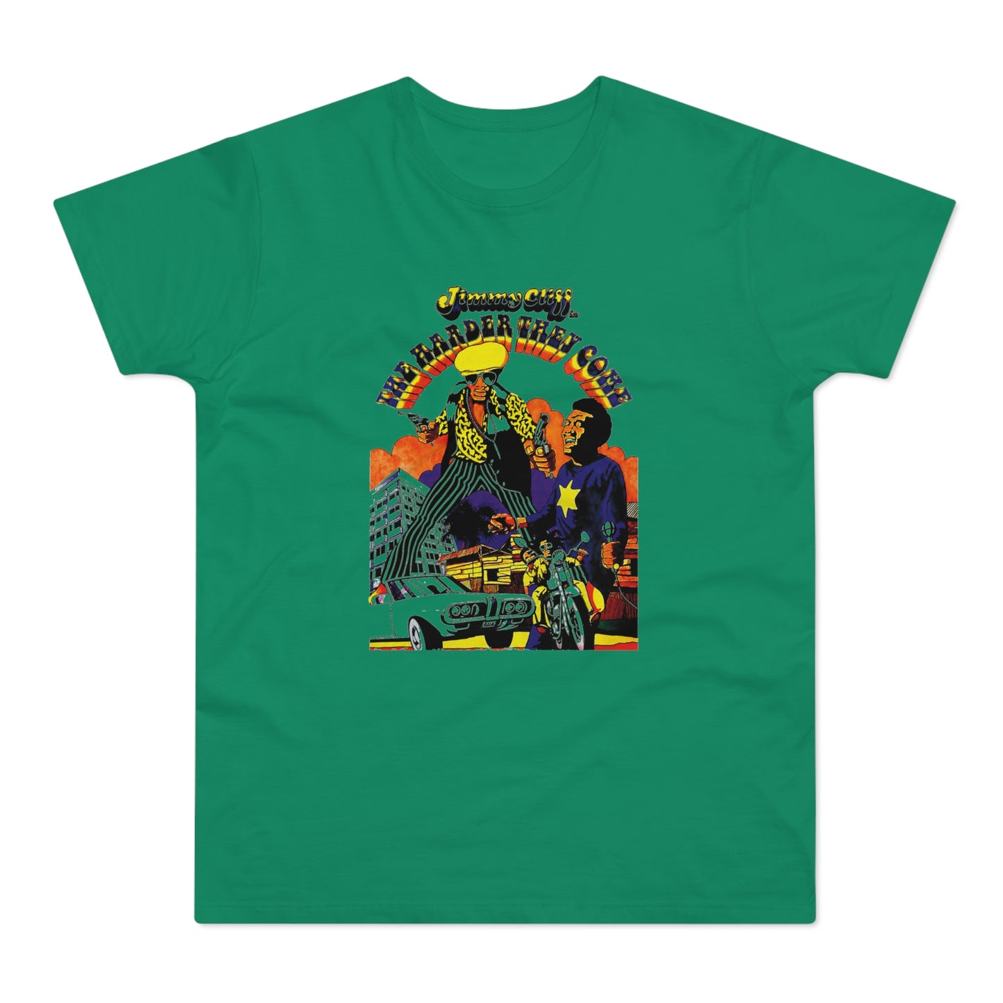 Jimmy Cliff The Harder They Come graphic with men, car, and motorcycle.