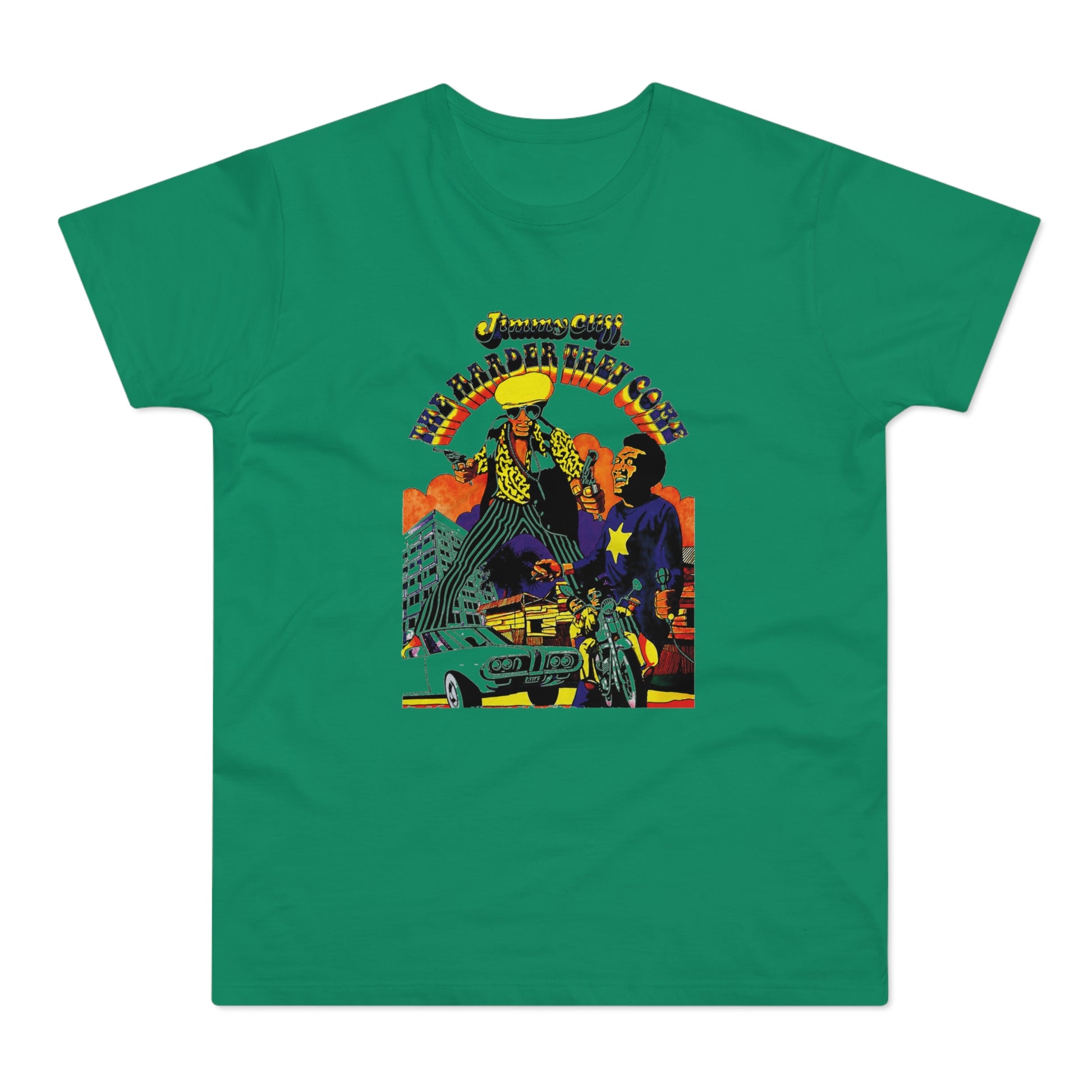 Jimmy Cliff The Harder They Come graphic with men, car, and motorcycle.