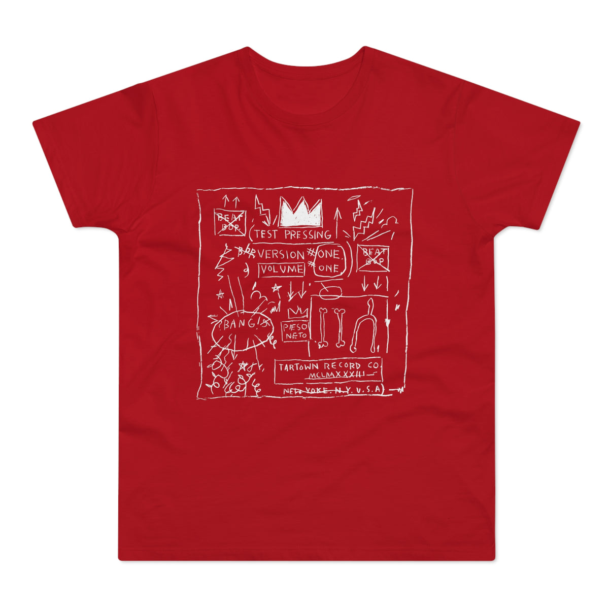 Red t-shirt with white graphic art including text: Test Pressing, Version One, Volume One, Bang!s, Peso Neto, Tartown Record Co.