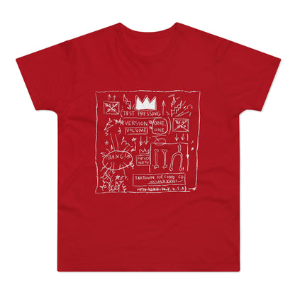 Red t-shirt with white graphic art including text: Test Pressing, Version One, Volume One, Bang!s, Peso Neto, Tartown Record Co.