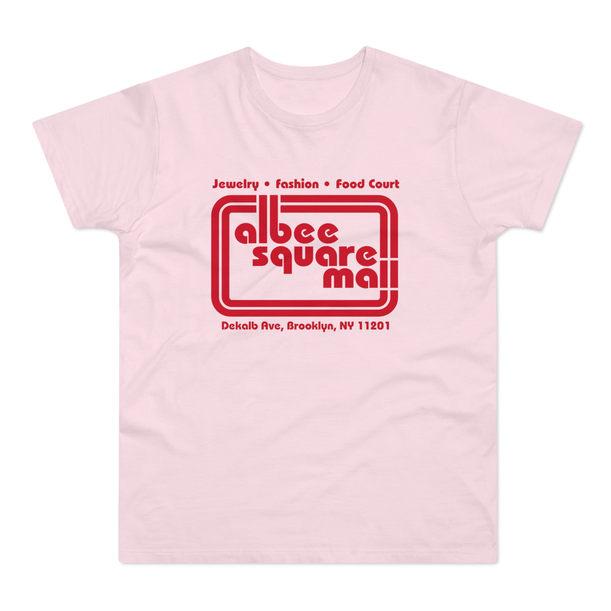 Pink t-shirt with red Albee Square Mall logo and Brooklyn address.