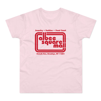 Pink t-shirt with red Albee Square Mall logo and Brooklyn address.