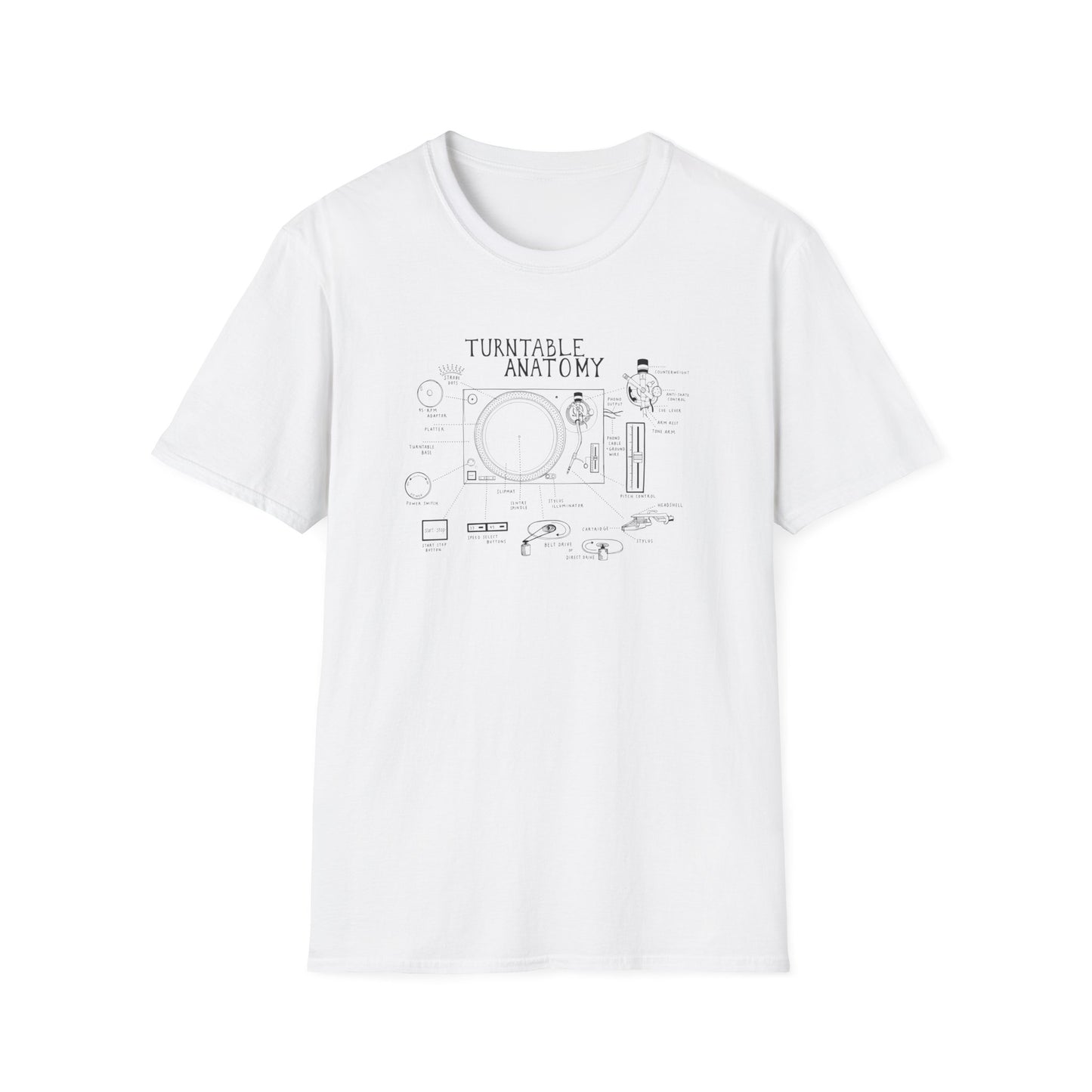 White t-shirt with black line drawing of turntable anatomy and labeled parts.