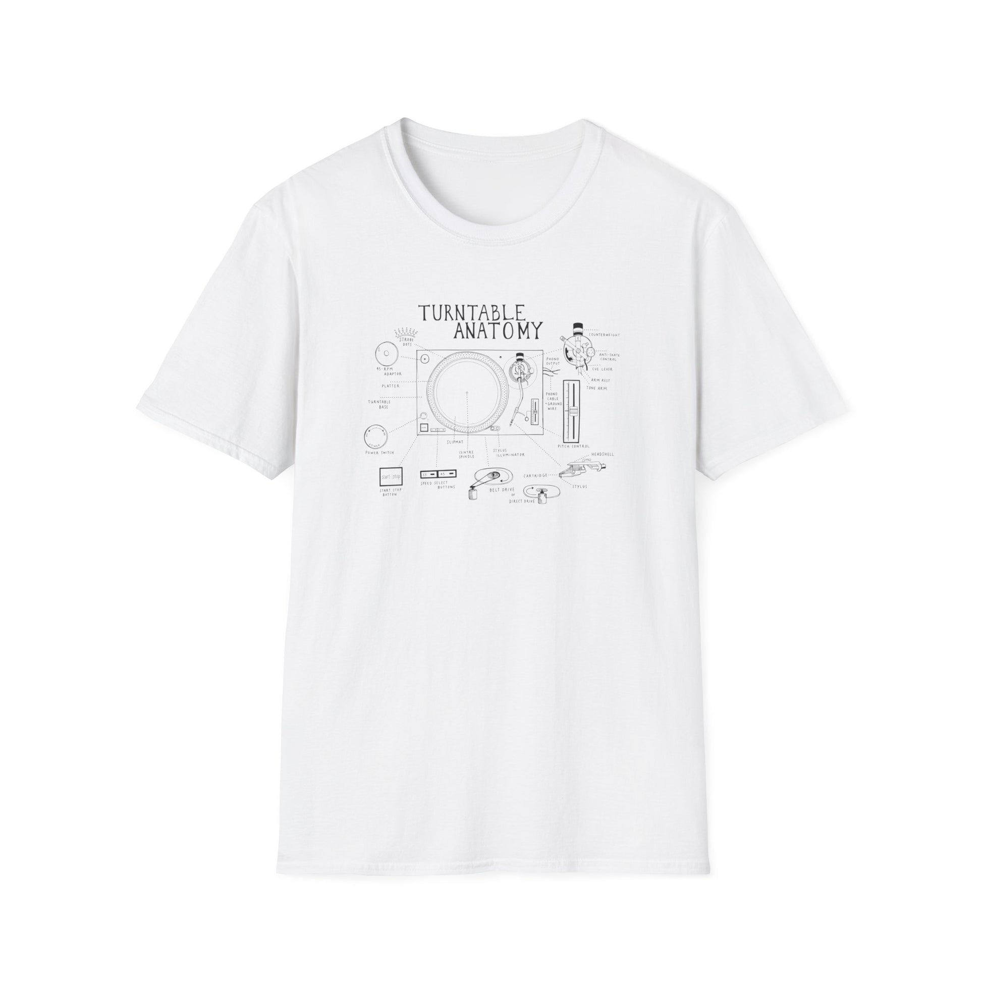 White t-shirt with black line drawing of turntable anatomy and labeled parts.