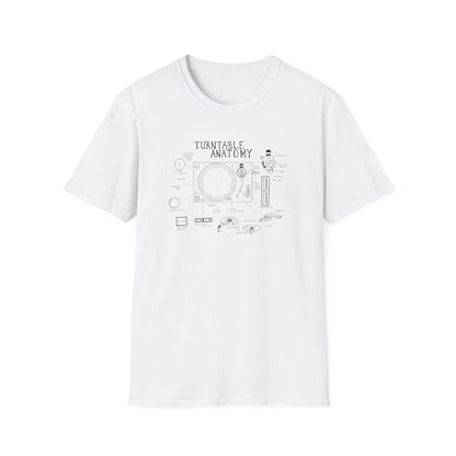 White t-shirt with black line drawing of turntable anatomy and labeled parts.