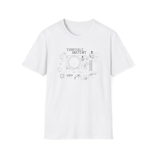 White t-shirt with black line drawing of turntable anatomy and labeled parts.