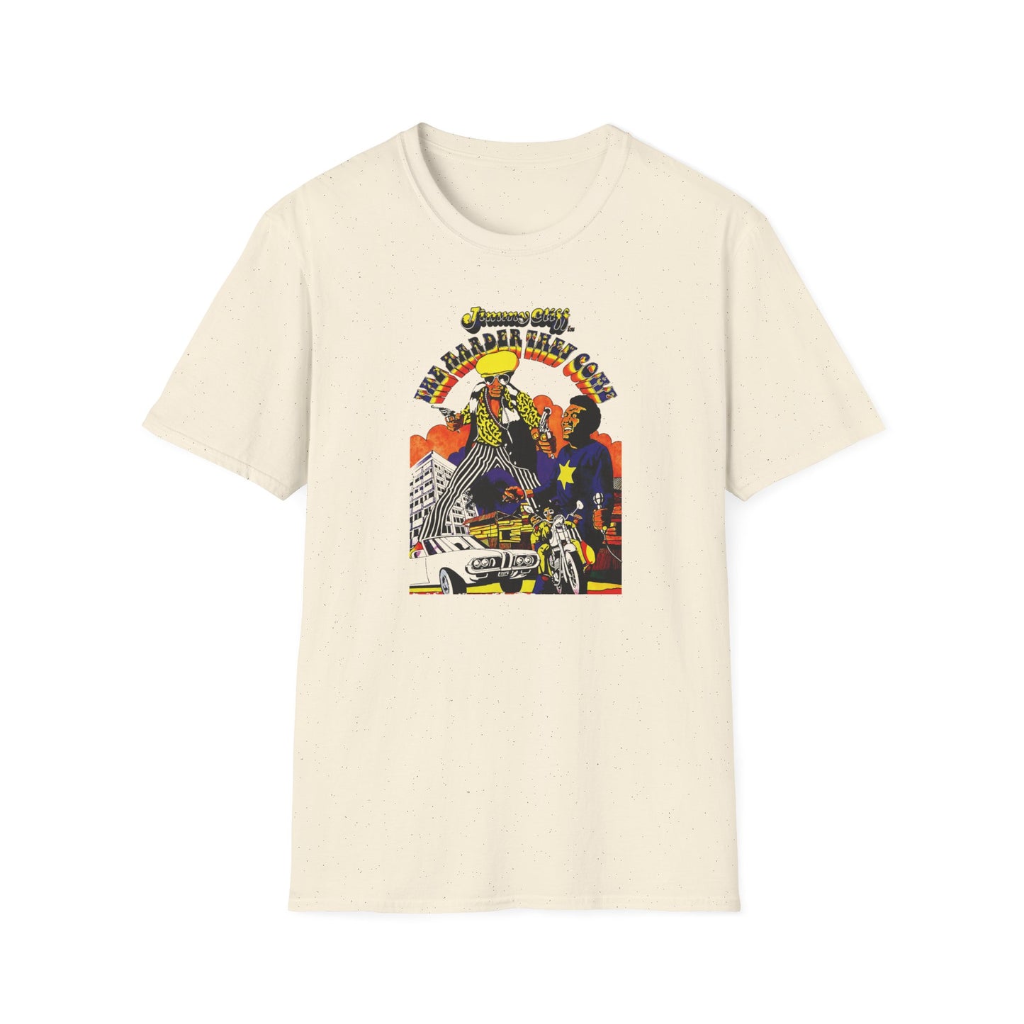 T-shirt with graphic of men, car, and motorcycle, text "THE HARDER THEY COME".
