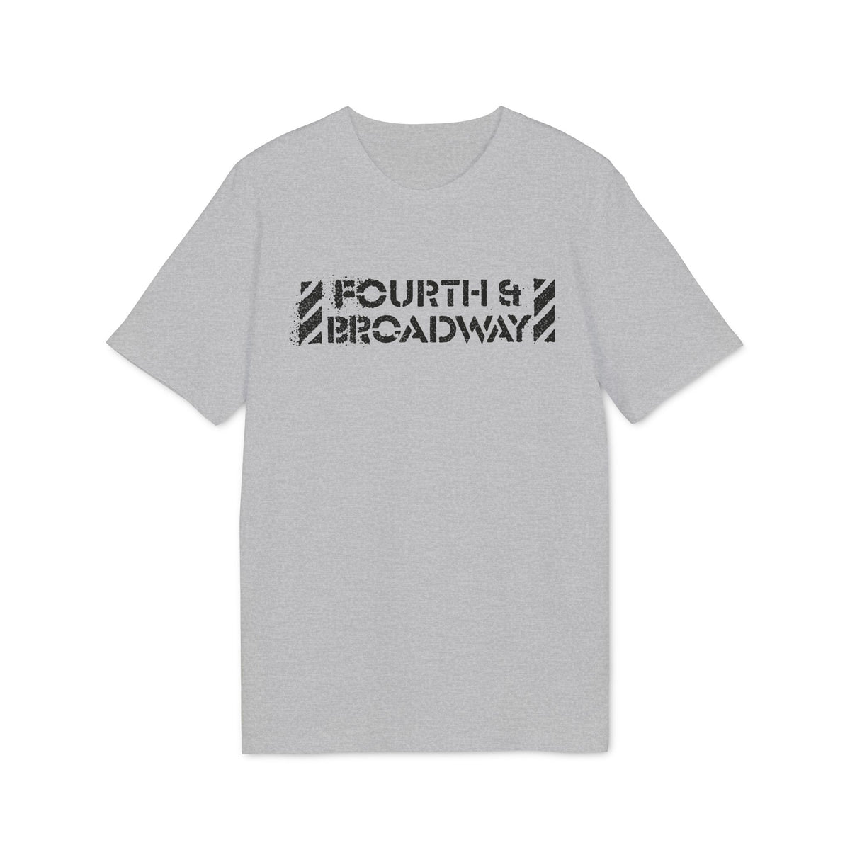 A heather gray short-sleeve crewneck t-shirt featuring a distressed black graphic reading Fourth & Broadway.